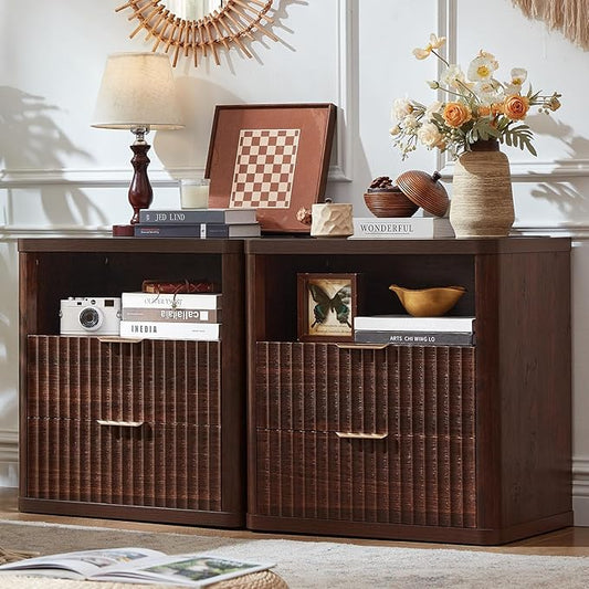 LEYAOYAO Fluted Farmhouse Nightstand Set of 2 with Charging Station, 23" Wide 2 Drawers Night Stand,Walnut Dresser for Bedroom,Bed Side Table Chest of Drawers,Wood End Table for Living Room