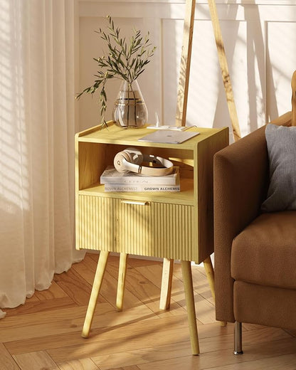 Nightstand with Outlet,Modern Bedside Table with Storage Drawer and Open Wood Shelf, for Living Room, Bedroom and Small Spaces, Accent Night Stand with Solid Wood Legs, Easy Assembly,Yellow Oak