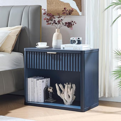 LEYAOYAO 31" Wide Fluted Nightstand Set of 2 with Charging Station, Oversized Extra Large 1 Drawer Night Stand with Golden Handle, Blue Wood Bedside Table Tall End Tables,for Bedroom, Living Room