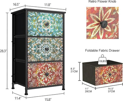 GiftGo Retro Dresser with Fabric Drawers Boho Mandala Flower Chest of Drawers Narrow Storage Tower for Small Spaces Gaps Bedroom Beautiful Nightstand Living Room Table (Mandala, 3 Drawers)