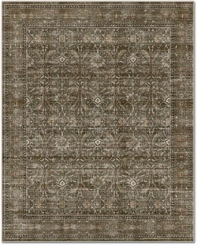 Washable 9x12 Area Rugs for Living Room, Boho Non-Slip Vintage Distress Lager Rugs for Bedroom Dining Room Nursery Office, 0.3" Neutral Oriental Throw Thin Carpet, Rust/Multi