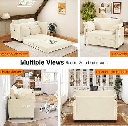 51" Loveseat Sleeper Sofa Bed, Corduroy Convertible Floor Sofa Bed for Small Spaces, Folding Couch Bed with Deep Seat, 2 Pillows & Solid Frame, Pull Out Floor Couch for Living Room, Beige