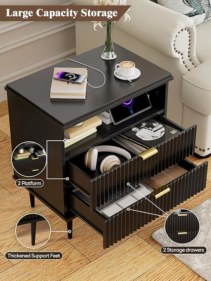 Nightstand with Charging Station, Wide Fluted Nightstand, Wood for Bedroom, Black Dresser with Storage Drawers, Bedside Table with Metal Handle & Leg (Black Set of 2, 23.3)