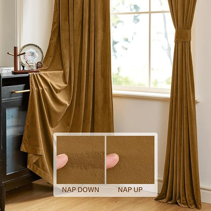 StangH 108 inches Long Gold Brown Velvet Curtains for Bedroom Windows, Thermal Insulated Light Blocking Room Divider Curtains for Sliding Door/Office, W52 x L108, 2 Panels