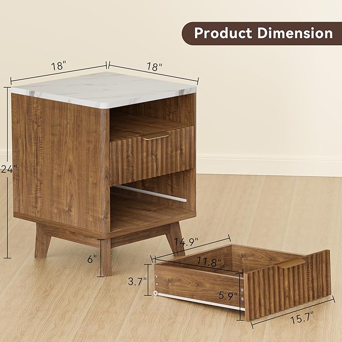Fluted Nightstand with 2 Drawers, 18" Modern Night Stand with Faux Marble Top, Open Storage Shelf, Curved Edge Bedside Table for Bedroom, End Side Table (2, Walnut)