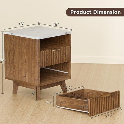 Fluted Nightstand with 2 Drawers, 18" Modern Night Stand with Faux Marble Top, Open Storage Shelf, Curved Edge Bedside Table for Bedroom, End Side Table (2, Walnut)