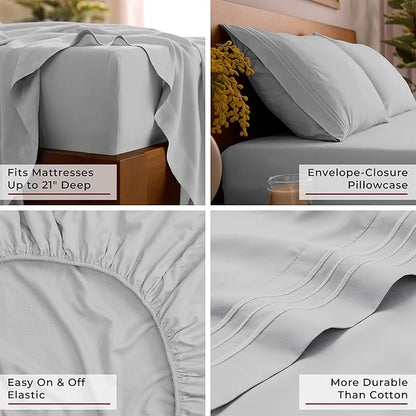 Mellanni Queen Sheet Set - 6-Piece Iconic Collection Bedding, (Including 4 Pillowcases), 21-Inch Extra Deep Pocket, Easy Care, Ultra Soft, Cooling Sheets, Brushed Microfiber - Light Gray