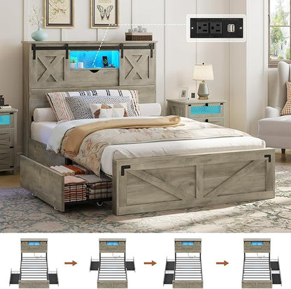 Hasuit Farmhouse Bed Frame Twin XL Size with 2 Storage Drawers, Wooden Platform Twin XL Bed with LED Lights and Charging Station, Rustic Headboard with Sliding Barn Door Storage Cabinets (Rustic Oak)