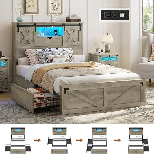 Hasuit Farmhouse Bed Frame Twin XL Size with 2 Storage Drawers, Wooden Platform Twin XL Bed with LED Lights and Charging Station, Rustic Headboard with Sliding Barn Door Storage Cabinets (Rustic Oak)