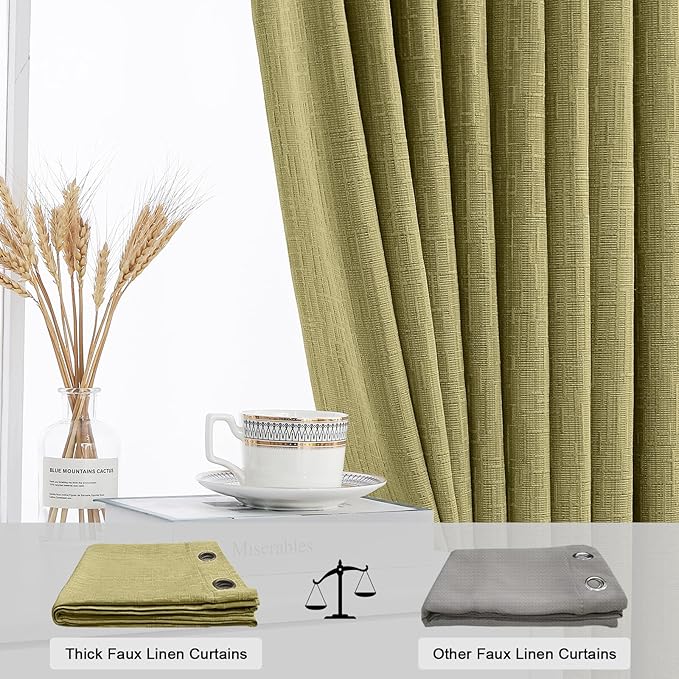 Jacquard Linen Curtains 72 inch Length 2 Panels Thick Faux Linen Blended Window Drapes Burlap Textured Curtains with Grommet for Living Room Bedroom Farmhouse (52x72 Olive Green) Natural