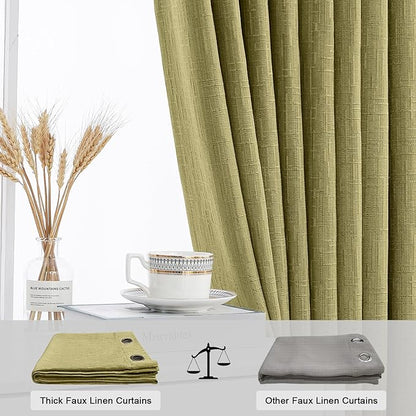 Jacquard Linen Curtains 72 inch Length 2 Panels Thick Faux Linen Blended Window Drapes Burlap Textured Curtains with Grommet for Living Room Bedroom Farmhouse (52x72 Olive Green) Natural