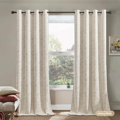 Beauoop Beige Floral Jacquard Blackout Curtains 108 Inches Long 2 Panels for Bedroom Living Room Taupe Flower Chenille Room Darkening Thermal Soundproof Grommet Window Treatments Drapes 52x108