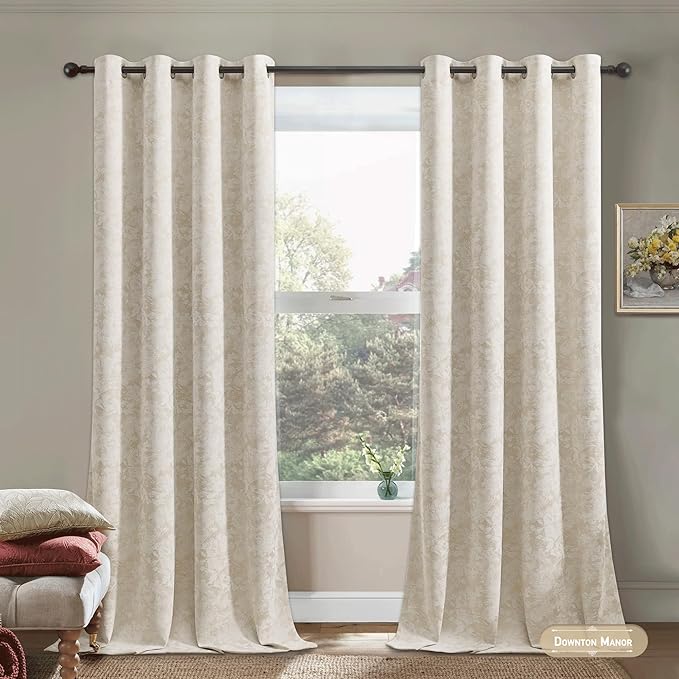 Beauoop Beige Floral Jacquard Blackout Curtains 63 Inches Long 2 Panels for Bedroom Living Room Taupe Flower Chenille Room Darkening Thermal Insulated Soundproof Grommet Window Treatments Drapes 52x63