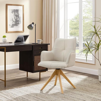 Art Leon Mid Century Modern Desk Chair - Genuine Leather Upholstered Office Chair No Wheels, Swivel Armchair with Oak Wood Legs for Small Space Living Room Bedroom, Set of 2, Off White