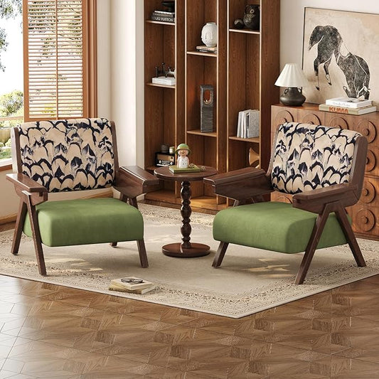 Mid Century Modern Accent Chair, Fabric Upholstered Lounge Arm Chair with Solid Wood Frame for Living Room, Bedroom, Office, Reading Corner (Feather Print, Set of 2)