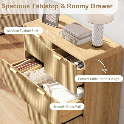 QUW Fluted Dresser for Bedroom with 5 Drawers, Modern 40.2" Tall Drawer Dressers with Metal Handle, Wooden Chest of Dresser for Living Room, Hallway, Natural Oak