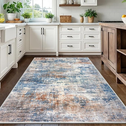 IOHOUZE Abstract Area Rugs 5x7 Ft Washable Rugs for Living Room, Non Slip Dining Room Rug, Printed Faux Wool Rugs for Bedroom, Floor Carpet for Office Nursery Playroom, Blue Rust