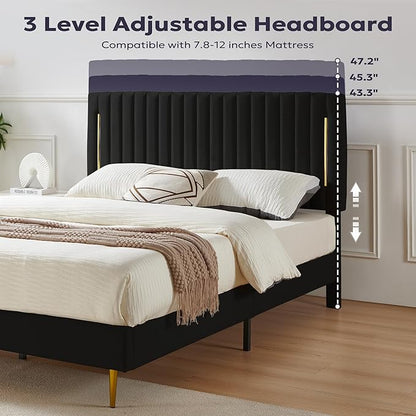 King Platform Bed Frame, Velvet Upholstered Bedframe with Vertical Channel Adjustable Headboard, Golden Plating Trim, Mattress Foundation with Wooden Slats, No Box Spring Needed, Black