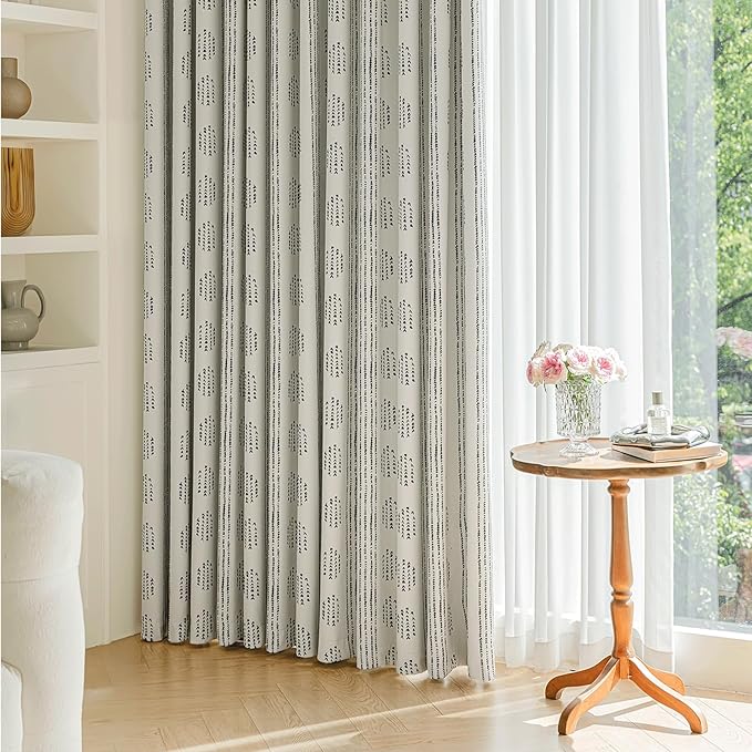 100% Boho Blackout Curtains 72 Inches Long for Bedroom, Black on Beige Patterned Bohemian Curtains for Living Room, Geometric Striped Thermal Insulated Window Drapes Gromment Top 2 Panels