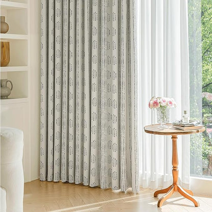 100% Boho Blackout Curtains 63 Inches Long for Bedroom, Black on Beige Patterned Bohemian Curtains for Living Room, Geometric Striped Thermal Insulated Window Drapes Gromment Top 2 Panels