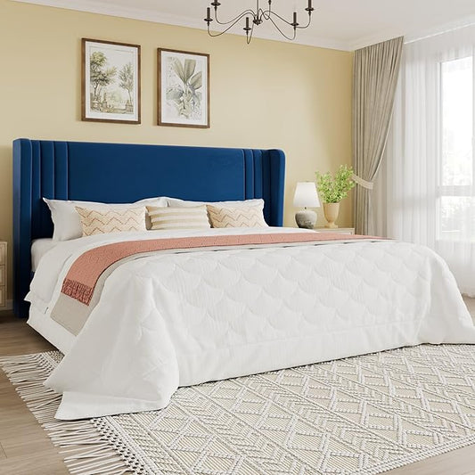 SHA CERLIN King Size Velvet Upholstered Platform Bed Frame with Vertical Channel Tufted Wingback Headboard, Wooden Slats Support, Easy Assembly, Under Bed Storage, No Box Spring Required, Blue
