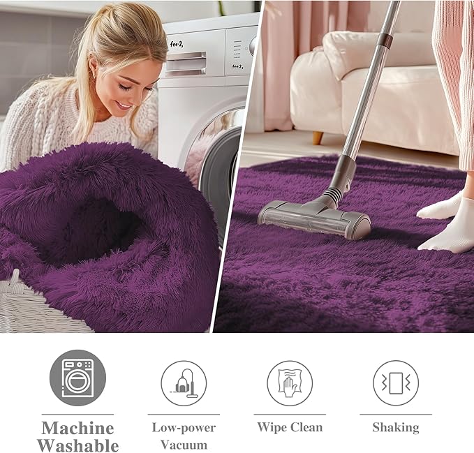 OLANLY Dark Purple Round Rugs for Bedroom - Machine Washable, 9 ft Circle Area Rugs for Living Room, Soft and Fluffy Shaggy Carpet for Teen Girl and Boys, Nursery Rooms, Dorms, Home Decor Aesthetic