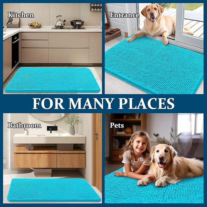 OLANLY Dog Door Mat for Muddy Paws 44x24, Absorbs Moisture and Dirt, Absorbent Non-Slip Washable Doormat, Quick Dry Chenille Mud Mat for Dogs, Entry Indoor Entryway Carpet for Inside Floor, Aqua Blue