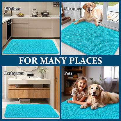 OLANLY Dog Door Mat for Muddy Paws 30x20, Absorbs Moisture and Dirt, Absorbent Non-Slip Washable Doormat, Quick Dry Chenille Mud Mat for Dogs, Entry Indoor Entryway Carpet for Inside Floor, Aqua Blue
