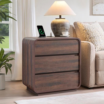 Walnut Nightstand with Charging Station, Modern Curved End Table with 3 Drawers, 25" Tall Wood Bedside Table, Mid Century Night Stand for Bedroom, Dorm, Sofa, Office