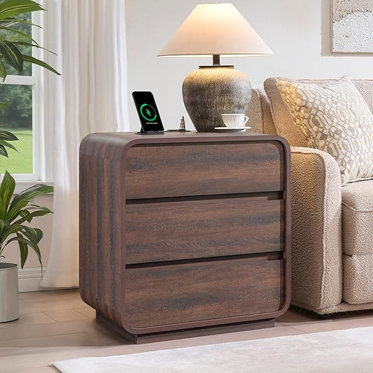 Walnut 3 Drawers Nightstand, 25" Tall Wooden Bedside Table with Charging Station, Large Side Table Curved Profile, Handleless, Large End Table Night Stand for Bedroom, Office