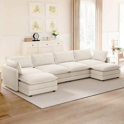 ROWHY 148'' Sectional Cloud Couch with 2 Ottomans, Oversized 4 Seat Sleeper Sofa with 2 Throw Pillows, Convertible Upholstered U Shaped Cozy Sofa Furniture Set for Living Room and Office, Beige