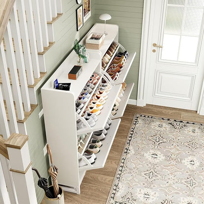 Shoe Cabinet, Shoe Storage Cabinet with 2 Flip Drawers & Adjustable Shelf, Space-Saving Shoe Organizer – Holds 12+ Pairs, Narrow Shoe Cabinet Storage for Entryway/Hallway（White）