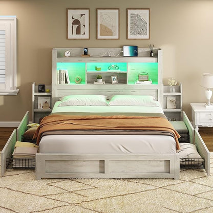 AMERLIFE Full Bed Frame with 4 Storage Drawers, LED Bed Frame with 49.6" Tall Bookcase Headboard, Wood Platform Bed with Charging Station & 2 Slide Bedside Shelf, No Box Spring Needed/Distressed White