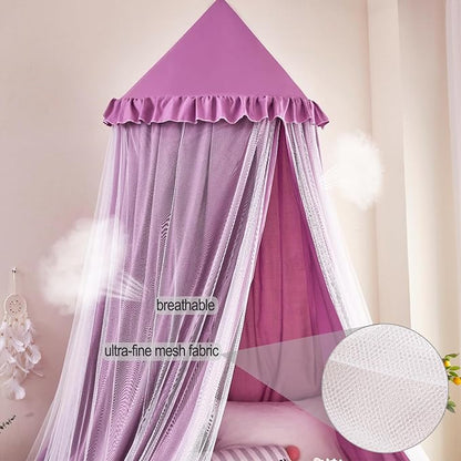 Kertnic 31.5inch Large Dome Bed Canopy for Girls, Double Layer Dreamy Ruffle Princess Canopy, Bedroom Hanging Tent Kids Reading Nook Canopies,Full Queen Bed Canopy Curtain (Dark Magenta-Purple)