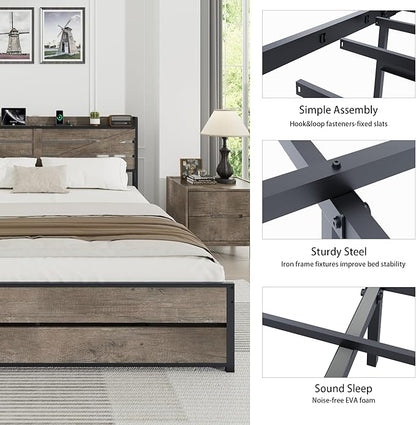 Queen Size Wooden Bed Frame with 12 Storage Drawers and Headboard, Farmhouse Platform Bed Frame with Charging Station, No Box Spring Needed, Stable and Solid, Noise Free. (Oak, Queen)