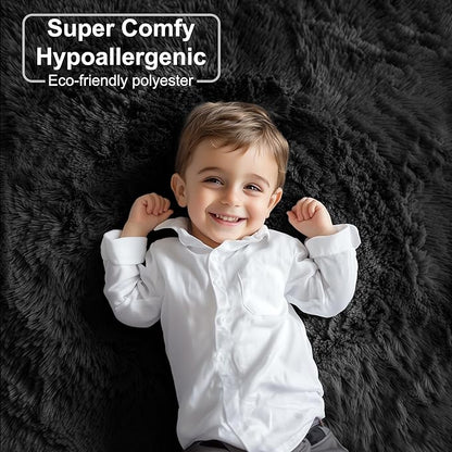 PAGISOFE Fluffy Shaggy Washable Area Rug for Living Room 5x8 Ft,Soft Fuzzy Rugs for Bedroom Shagg Carpet for Kids Girls Boys Dorm Room Furry Rugs for Nursery Playroom Fluffy Toddler Room Rug Black