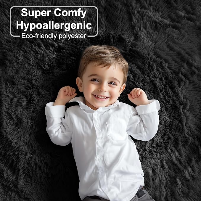 PAGISOFE Black Fluffy Shag Area Rugs for Bedroom 5x7, Soft Fuzzy Shaggy Machine Washable Rugs for Living Room,Plush Nursery Rug Kids Room Furry Floor Rug Boys Carpet for Teen Dorm Black Room Decor