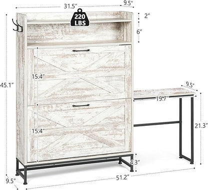 Vibe & Dine Shoe Cabinet with 2 Flip Drawers and Shoe Bench, Farmhouse Shoe Storage Cabinet for Entryway, Freestanding Slim Shoe Organizer Cabinet, Narrow Shoe Rack Cabinet with Metal Legs, White