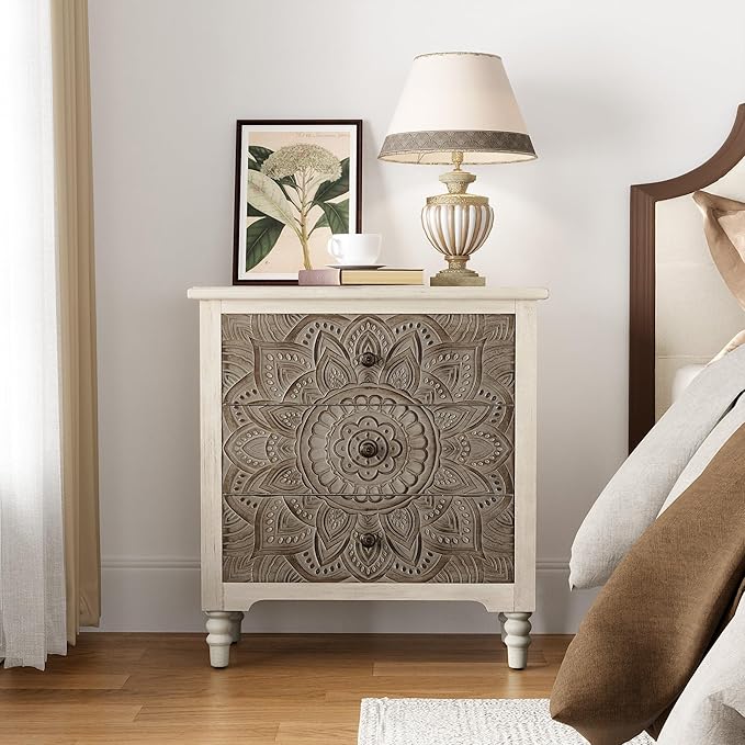 COSIEST 3 Drawers Nightstand, Accent Dresser, 29'' Tall Wood Vintage Small Accent Chest, Bedside Table,Bedroom Furniture for Home, Entryway (Lotus Pattern)