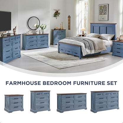 ACCOHOHO Farmhouse Nightstand with Charging Station, 22 Inch Wide End Table with 3 Large Drawers & Bar Handles, Rustic Wood Small Dresser Chest of Drawers for Bedroom, Living Room, Closet, Blue