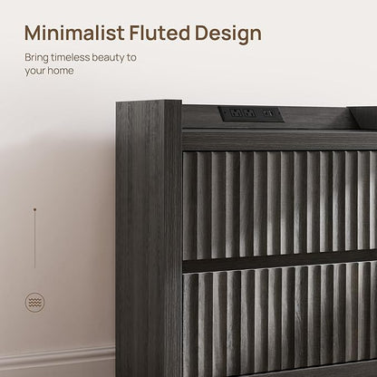 SICOTAS Night Stand Set of 2-Fluted Nightstands with Charger Station-Large Nightstand Bedside Table End Table with 2 Drawers, 25" Wide Mid Century Modern Night Stands for Bedroom-Black Oak