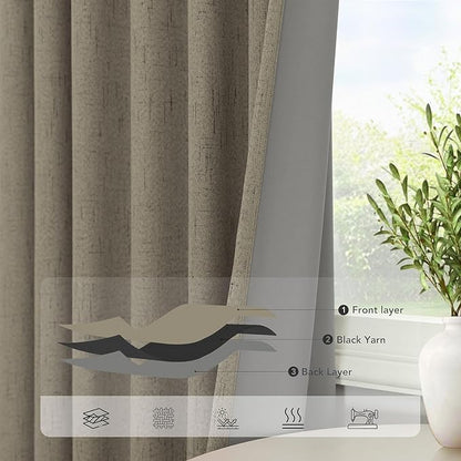 Taupe Blackout Curtains 90 Inches Long Thick Linen Patio Curtain for Sliding Glass Doors Neutral Cottagecore Home Decor Living Room Darkening Energy Saving Drape Window Coverings 52x90 Length 2 Panels