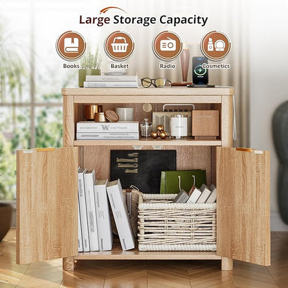 Fluted Nightstand with Charging Stations, 23.6" Wide Natural Oak Nightstand with Storage Drawers, Side Tables, Modern Farmhouse End Tables for Bedroom, Natural Oak