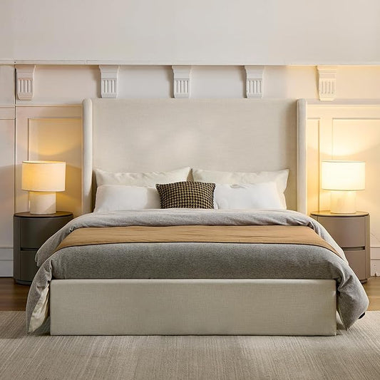 Queen Size Upholstered Bed Frame, Harper 54" Tall Headboard Platform Beds, Wingback Headboard Bedframes/No Box Spring Needed/Easy Assembly/Elegant Simplicit, Textured Ivory Canvas Chenille