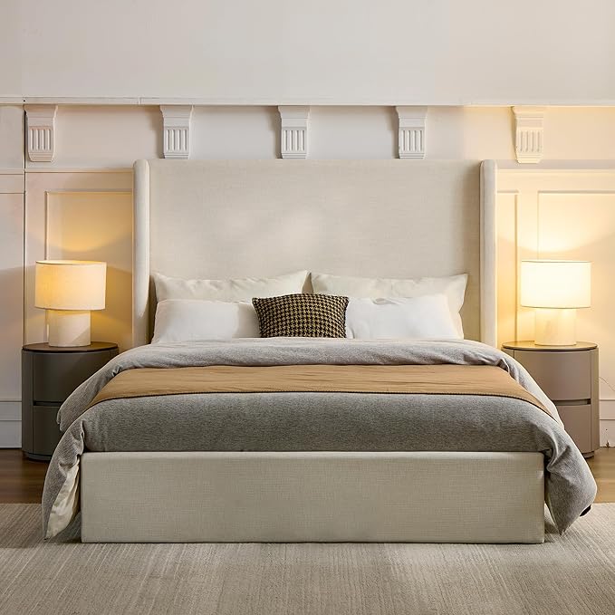 Upholstered Bed Frame King Size, 52.3" High Headboard Platform Beds Caron Tall Wingback Bed Frames, Box Spring Request/No Noise/Simplicity Minimalist, Textured Ivory Canvas Chenille