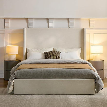 Upholstered Bed Frame King Size, 52.3" High Headboard Platform Beds Caron Tall Wingback Bed Frames, Box Spring Request/No Noise/Simplicity Minimalist, Textured Ivory Canvas Chenille