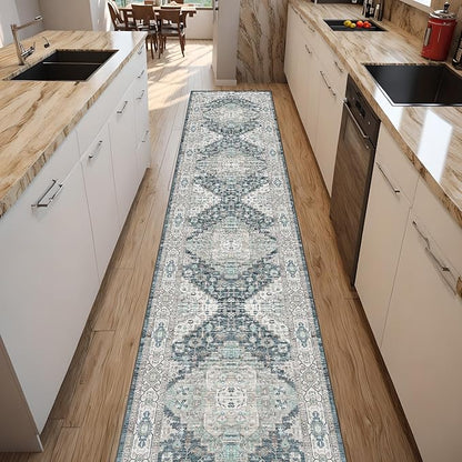 Washable Runner Hallway Rug,Low Pile 2x10 Non Slip Non-Shedding Kitchen Carpet Soft Indoor Stain Resistant Rug for Bedroom Laundry Room Bathroom Blue Beige Multi