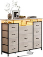 LUMTOK 11 Drawers Dresser with Fabric Drawers,Charging Station, LED Lights and Shelves for Bedroom Storage Organization (Greige)