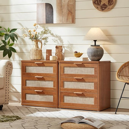 LEYAOYAO Rattan Night Stand Set of 2 with Drawers, 23" Large 3 Drawer Boho Nightstand, Natural Wood Bedside Table Storage Cabinet, Bed Side End Tables Dresser for Bedroom, Living Room, Hallway, Closet