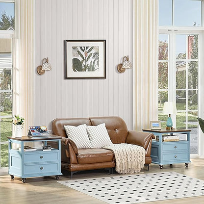 Farmhouse Nightstand with Charging Station, 24" Wide End Table with 2 Drawers, Light Blue Dresser for Bedroom,Wood Bed Side Table Chest of Drawers Cabinet,Night Stand for Living Room,Closet